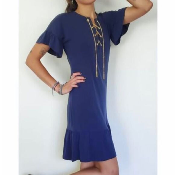 Michael Kors True Navy Gold Lace Mini Dress - Picture 1 of 9